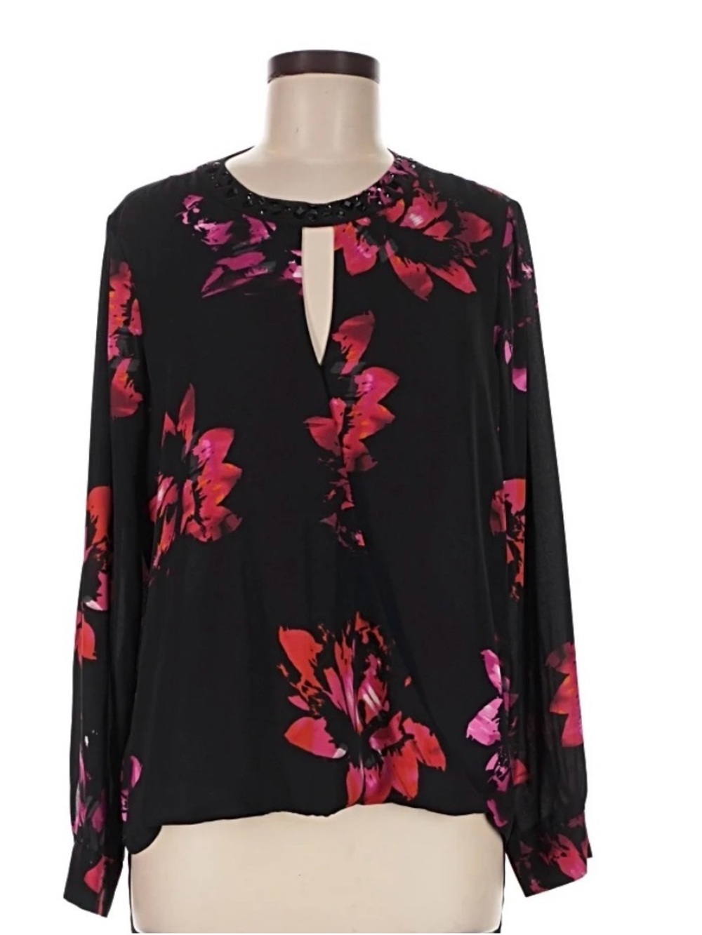 Vince Camuto Black Blouse with Pink and Red Floral Print